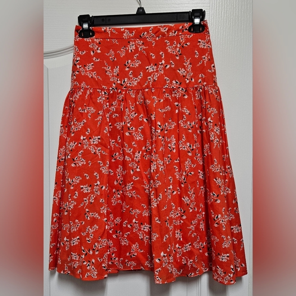 Ann Taylor Petite 2P Red/Orange Floral A-Line Midi Skirt